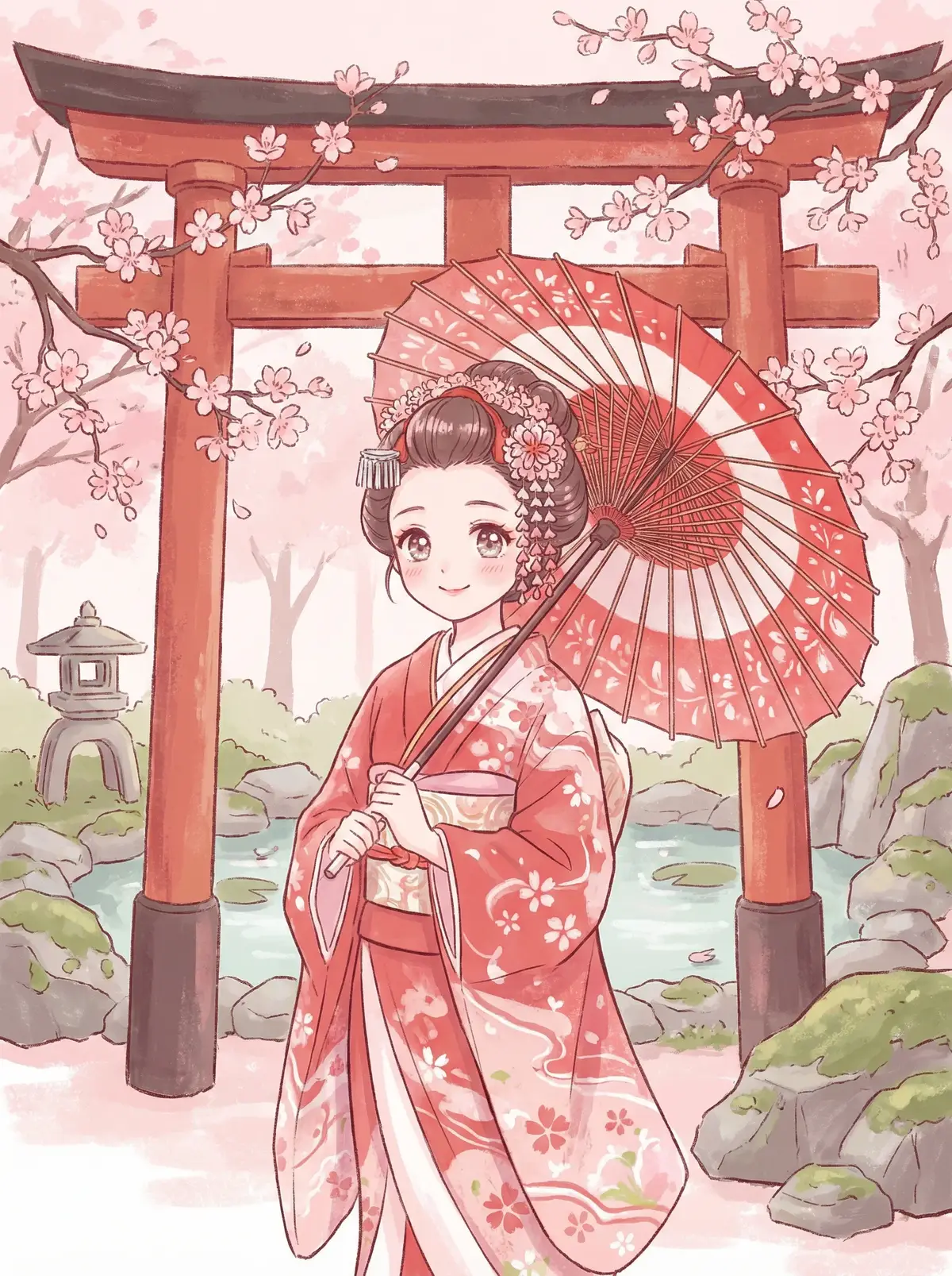 桃乃木 高清写真 - 红色鸟居下身着和服的桃酱，古典优雅